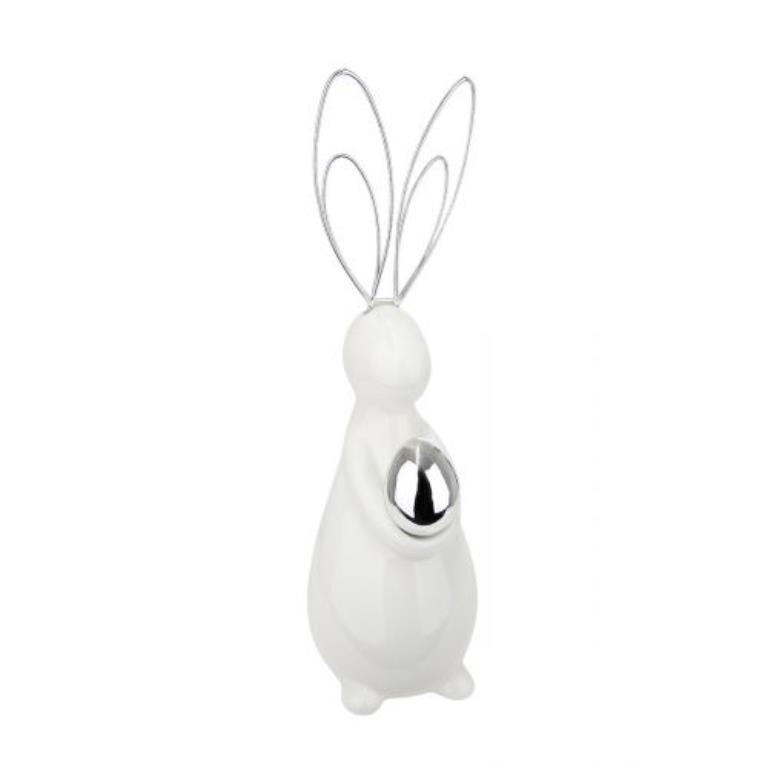 Casablanca Hase Clippy mit Ei & Metallohren weiß glasiert,Ohren und Ei silber, stehend