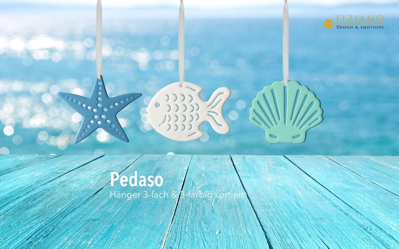 Drei dekorative Kleiderbügel im Meeresthema mit einem Seestern, einem Fisch und einer Muschel vor einem ruhigen blauen Hintergrund, perfekt für die Küstendekoration.