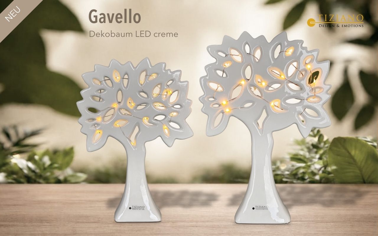 Elegante Gavello-LED-Dekorationsbäume in Cremefarbe mit aufwendigen Blattmustern und warm leuchtenden Lichtern, perfekt zur Verbesserung der Inneneinrichtung und des Ambientes.