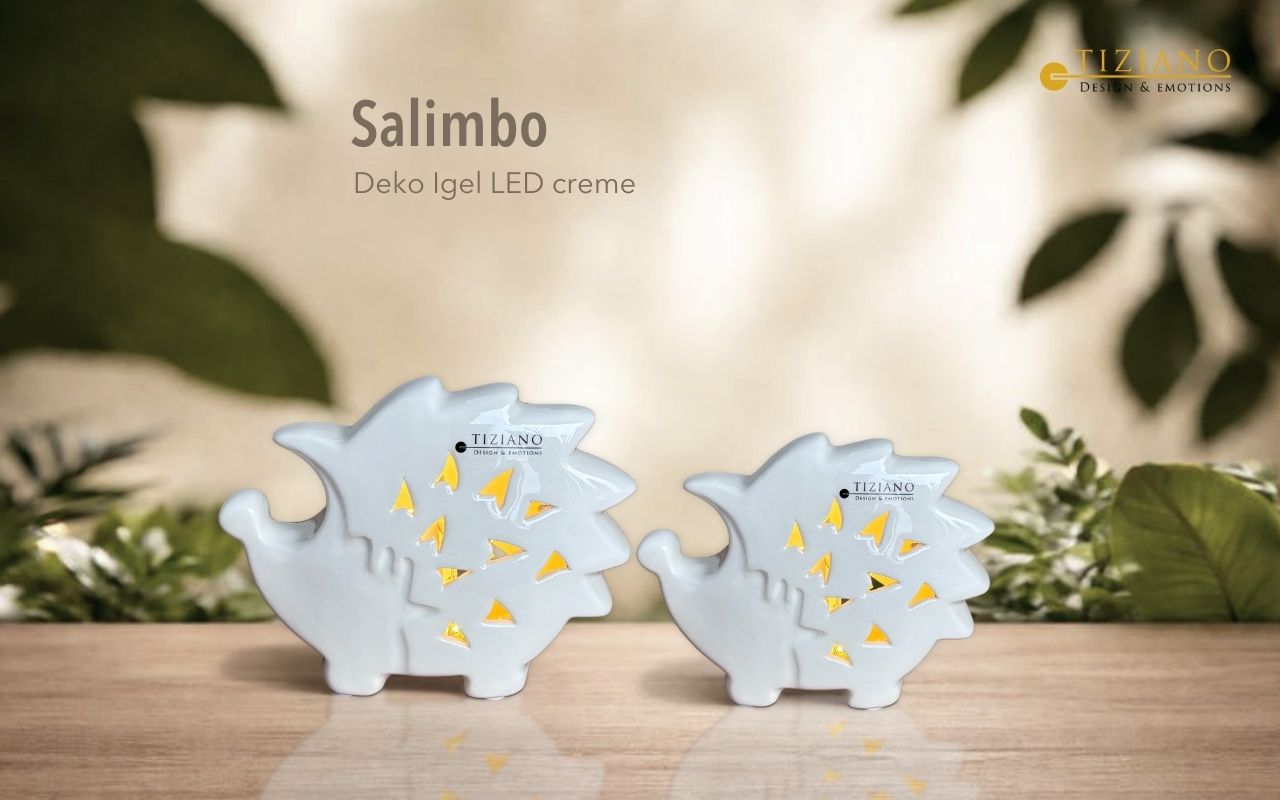 Dekorative cremefarbene LED-Igelfiguren von Tiziano mit modernem Design und gelben Akzenten, perfekt für die Inneneinrichtung und zur Aufwertung des Ambientes.