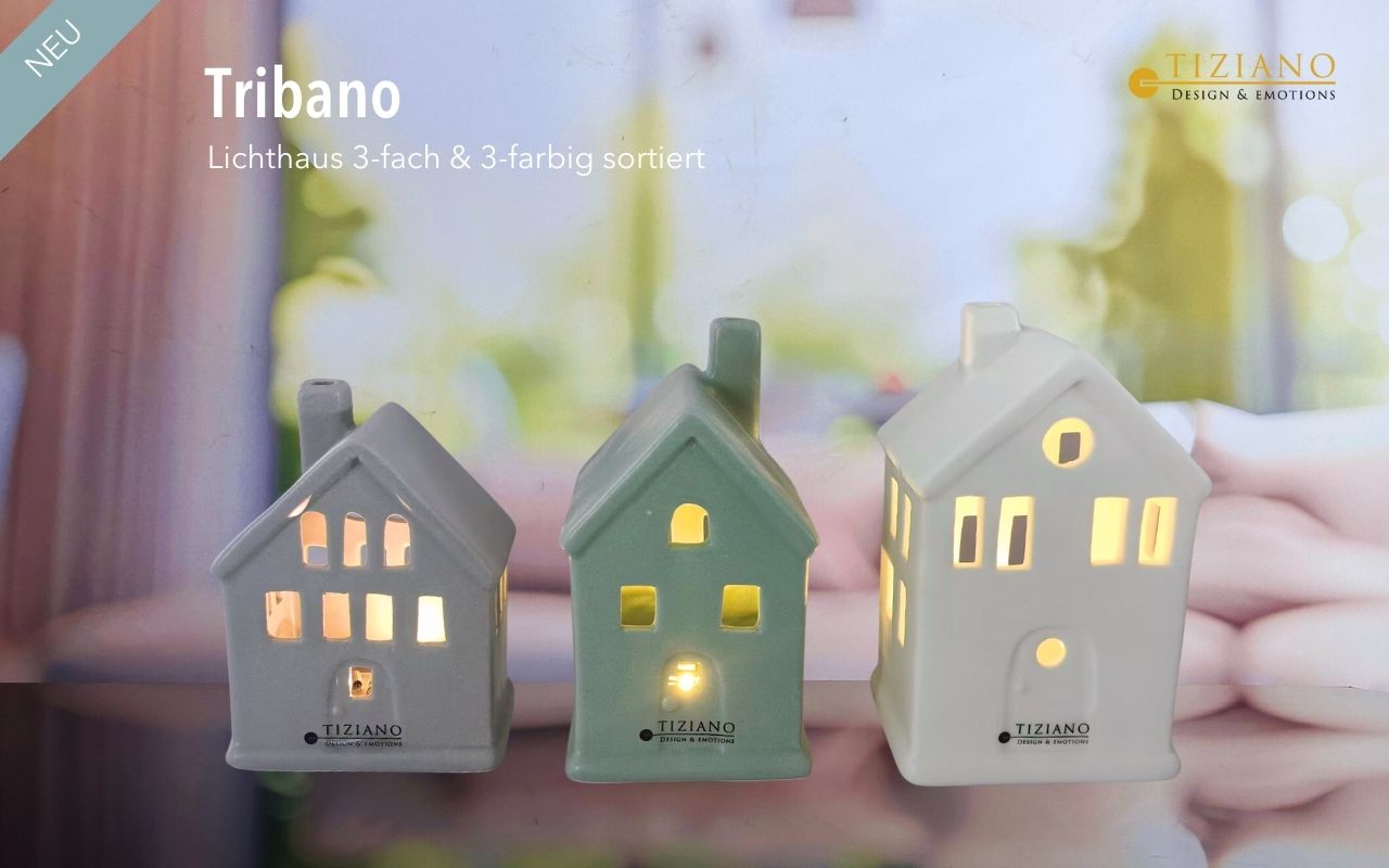 Drei dekorative Keramikhäuser in unterschiedlichen Farben, gestaltet als Lampenhalter. Jedes Haus verfügt über beleuchtete Fenster, die für eine gemütliche Atmosphäre sorgen. Ideal als Heimdekoration und zum Verschenken.