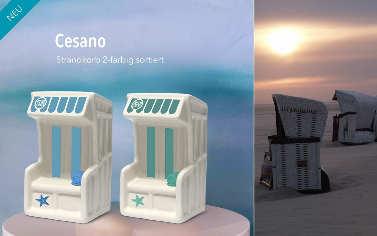 Zwei farbenfrohe Strandkörbe stehen nebeneinander und präsentieren ein modernes Design. Die Stühle verfügen über ein weißes Gestell mit blauen Akzenten und eignen sich perfekt für Strandumgebungen. Ideal zum Entspannen und Genießen im Freien.