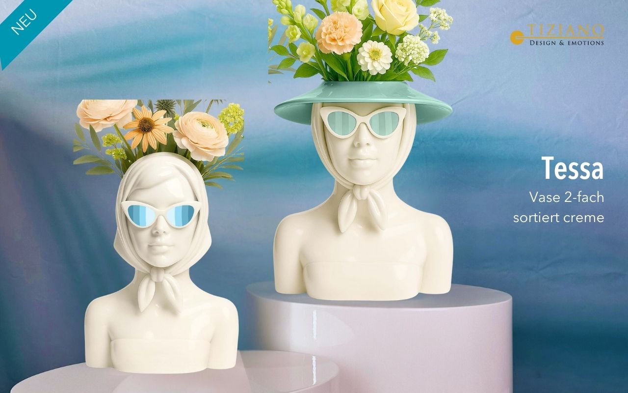 Stilvolle Mehrzweckvase mit schickem Büstendesign, verziert mit Sonnenbrillen und Blumenarrangements, perfekt für die moderne Inneneinrichtung.