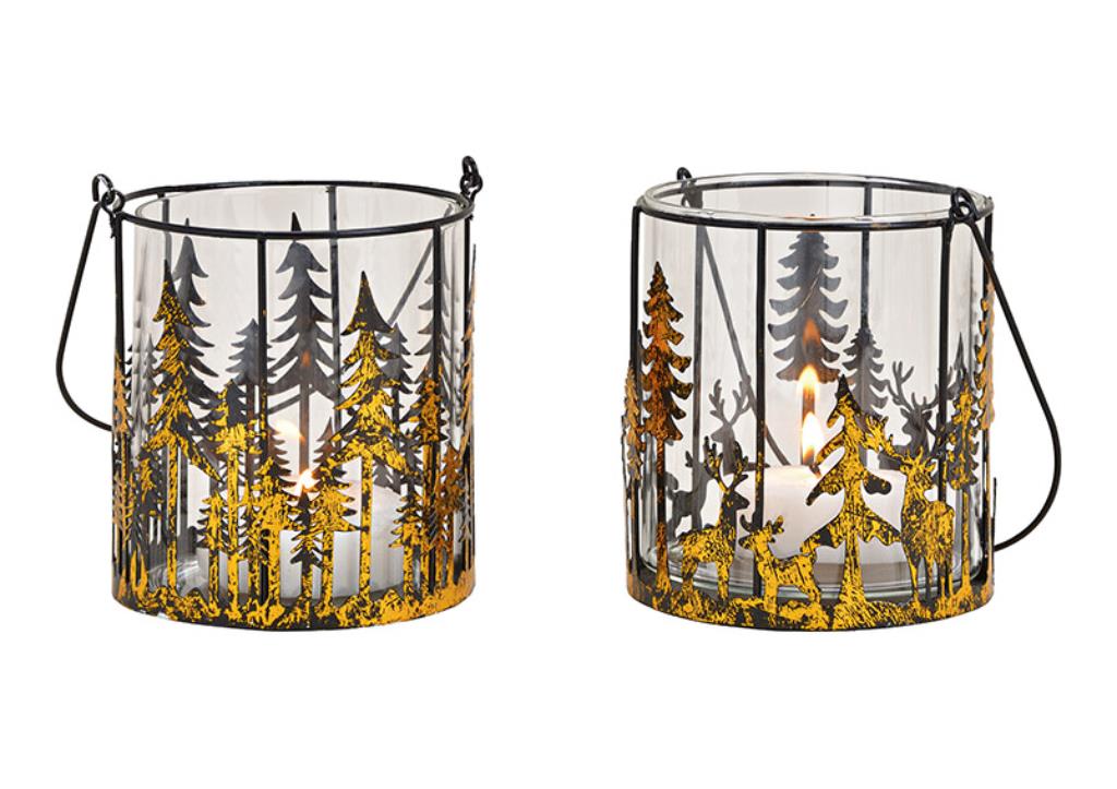 WURM Windlicht Winterwald Dekor aus Metall, Glas Schwarz (Variante zufällig) 10031141
