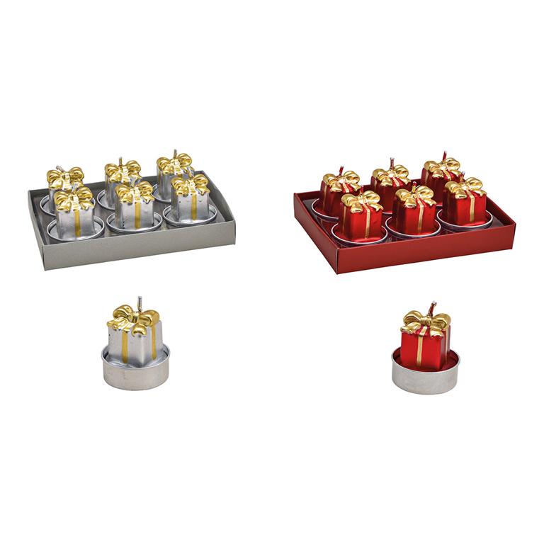WURM Teelicht Set Geschenkpäckchen aus Wachs rot, silber 6er Set, 2-fach