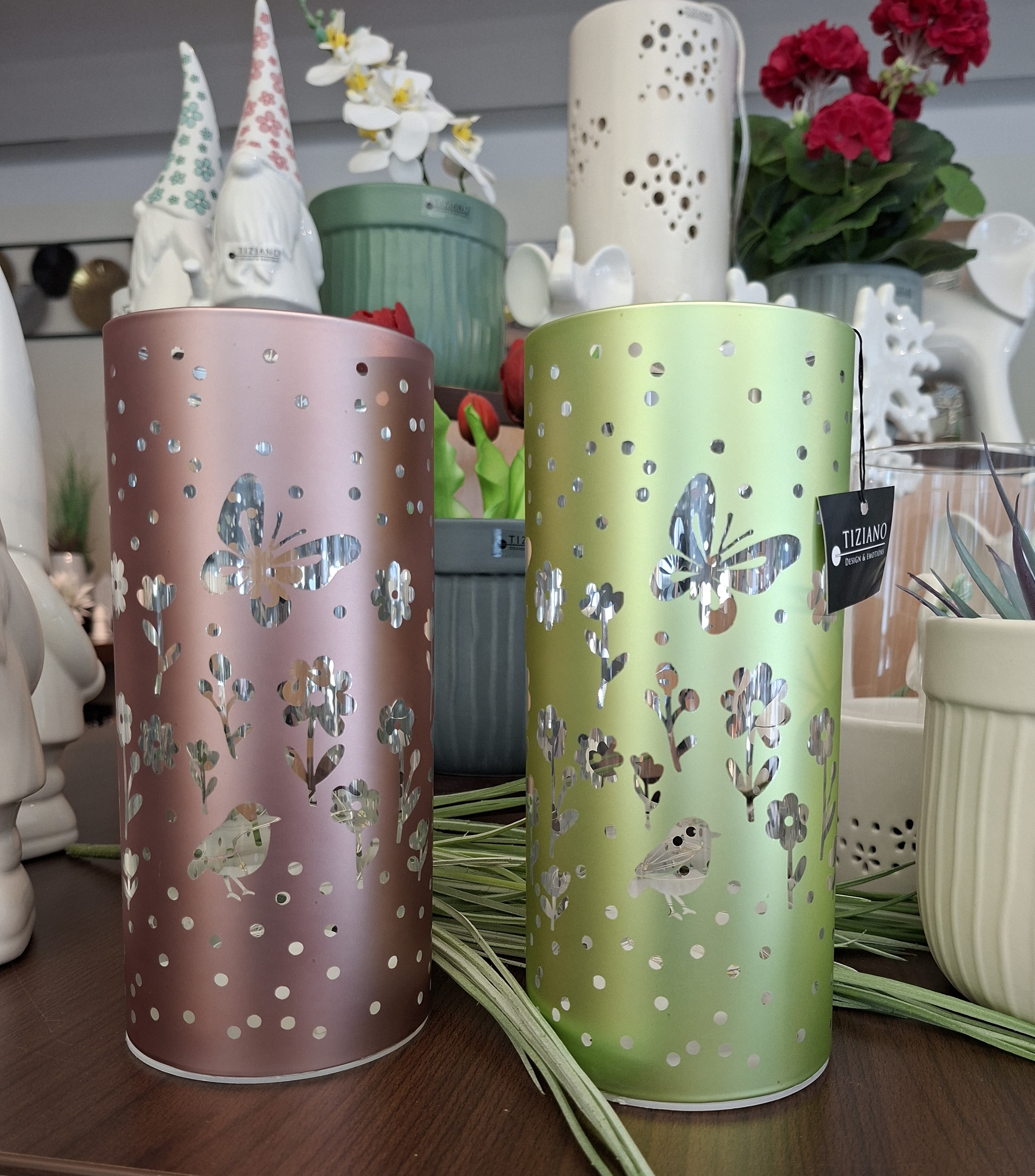 Tiziano Glas-Tischleuchte Polline LED Blume rosa/grün