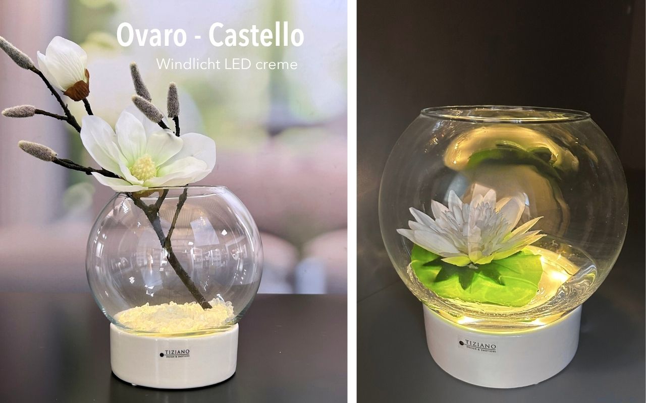 Tiziano Windlicht Ovaro LED & Timer creme inkl. Kugelglasvase Ovaro klar