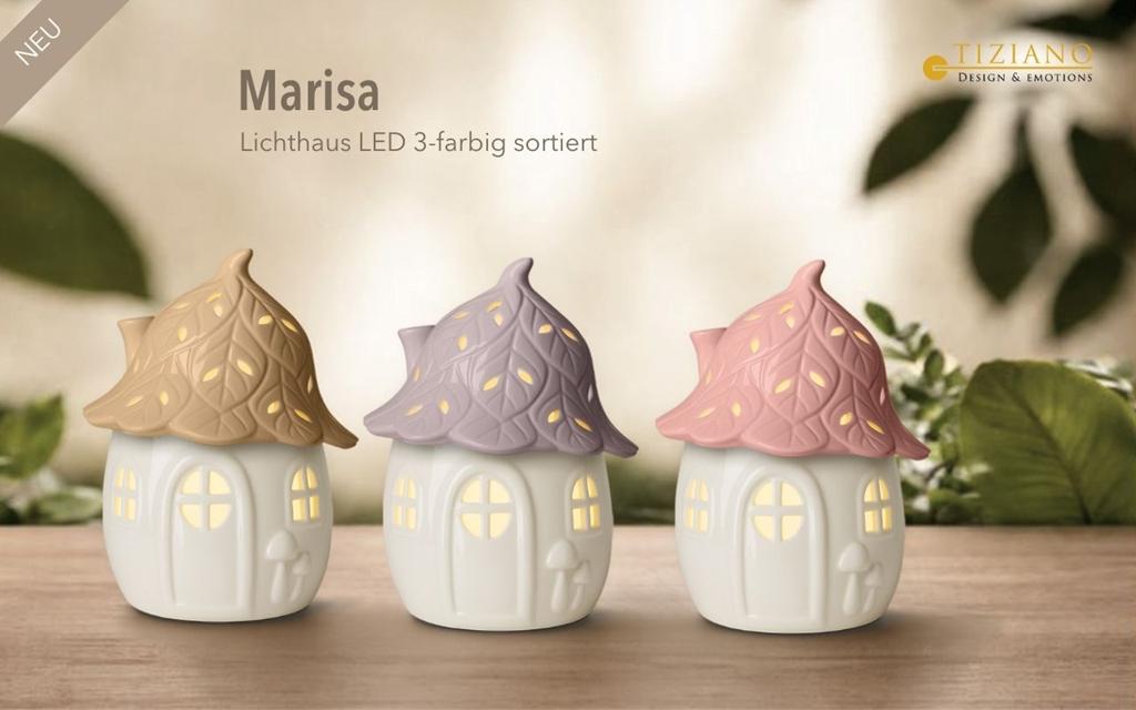 Drei bezaubernde LED-Lichthäuser in Pastellfarben mit aufwendigen Dächern mit Blattmuster, perfekt für die Inneneinrichtung und die Aufwertung des Ambientes.