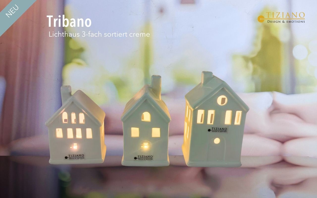 Drei dekorative Keramikhäuser mit beleuchteten Fenstern, die ein modernes Design präsentieren. Diese Lichthäuser sind ideal für die Inneneinrichtung und verleihen jedem Raum eine gemütliche Atmosphäre.