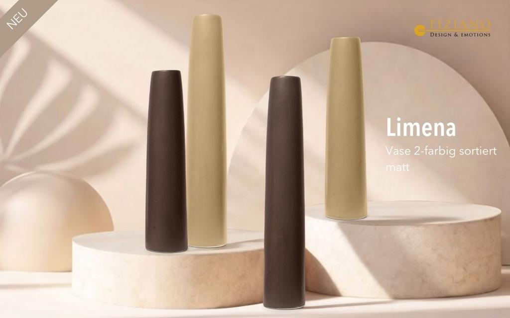 Stilvolle Limena-Vasen mit mattem Finish und zwei Farboptionen: Braun und Beige. Perfekt für moderne Wohndekoration und Blumenarrangements, präsentiert auf einer minimalistischen Oberfläche.