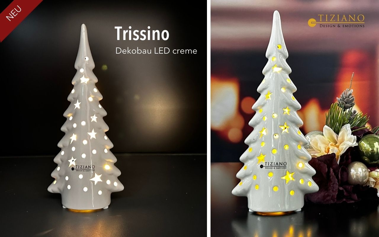 Zwei Ansichten einer Tiziano-Weihnachtsbaumfigur aus cremefarbener Keramik mit Stern- und Kreisausschnitten, von innen beleuchtet durch LED-Lichter, vor einem dunklen und festlichen Hintergrund.