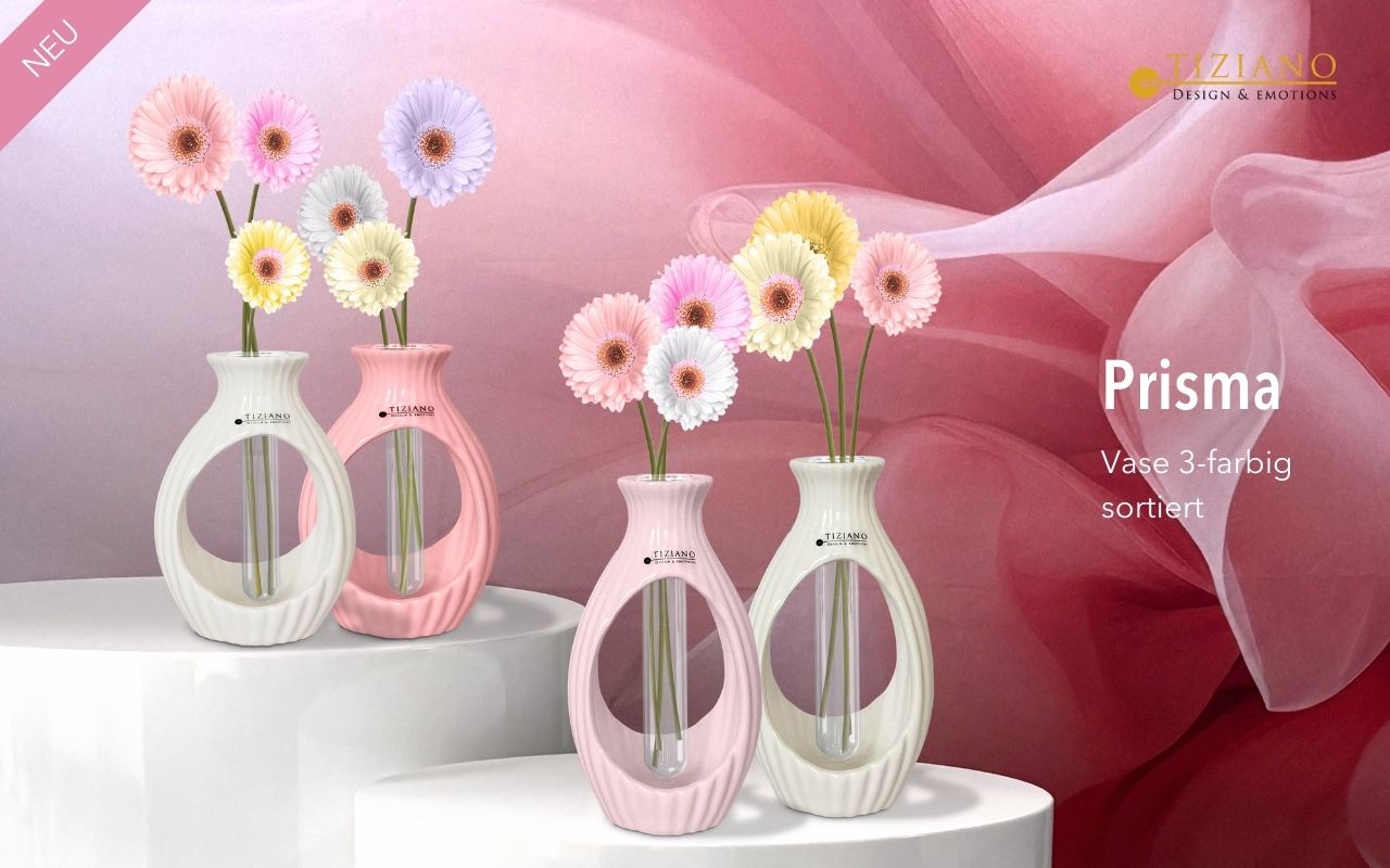 Tiziano Vase Prisma creme/rosa mit Glasvase